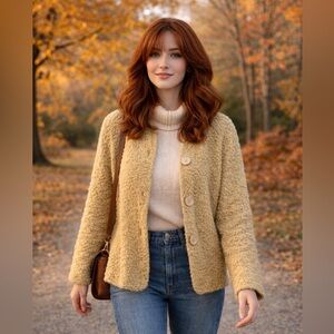Mustard Nubby Knit Bell Sleeve Sweater | Soft Textured Cropped Cardigan | Sz M